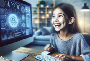 Generate a high definition, realistic image of a young girl, a blend of South Asian and Hispanic descent, engaging with a computer. She is beaming with excitement, her eyes sparkling reflecting the computer screen. On the computer screen, display complex algorithms and virtual transactions of a non-specific cryptocurrency. Include a background depicting a comfortable, technology-friendly living area, complete with futuristic elements symbolizing the high-tech nature of cryptocurrency.