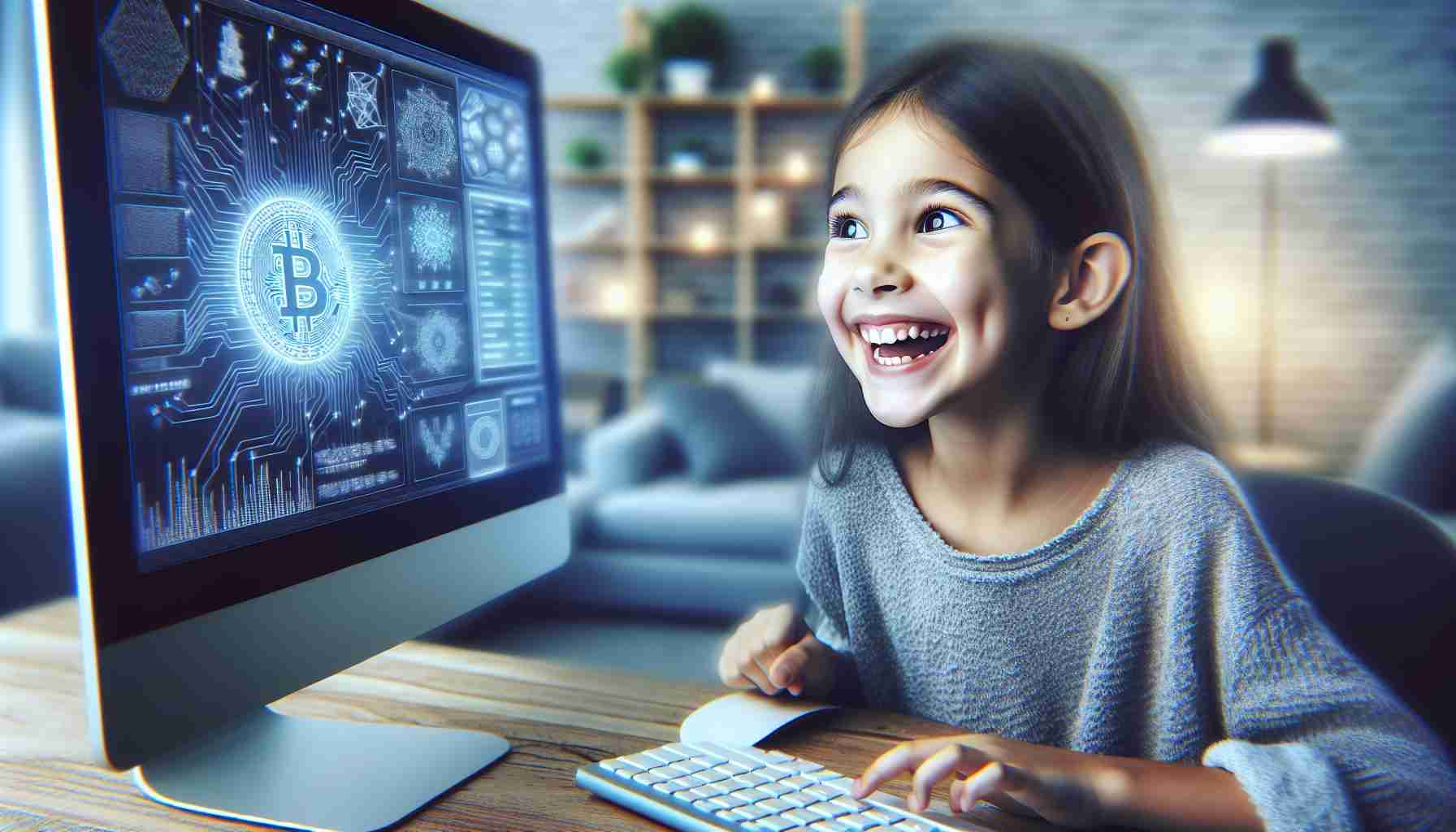 Generate a high definition, realistic image of a young girl, a blend of South Asian and Hispanic descent, engaging with a computer. She is beaming with excitement, her eyes sparkling reflecting the computer screen. On the computer screen, display complex algorithms and virtual transactions of a non-specific cryptocurrency. Include a background depicting a comfortable, technology-friendly living area, complete with futuristic elements symbolizing the high-tech nature of cryptocurrency.