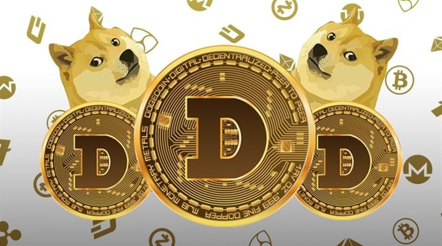 Graphis showing dogecoins tokens and doge dogs in the white background of crypto symbols