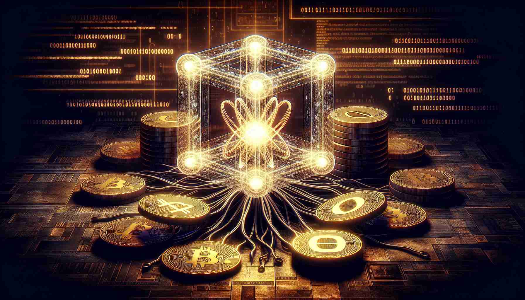 A high-definition illustration depicting the concept of a 'Quantum Threat' to cryptocurrency, with symbolic imagery. There's a visual representation of quantum computing power in the form of a glowing, intricate quantum computer model. On one side of the image are stacks of physical coins etched with the symbol of popular cryptocurrencies, representing digital assets. The quantum computer appears to encompass the cryptocurrency with an ominous neon glow, suggesting risk. The background includes binary codes and encrypted data, building an atmosphere of intrigue and threat. Encapsulate the sense of urgency with darker hues and intense lighting gradients.